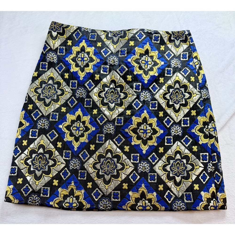 LOFT Metallic Jacquard Mini Skirt Size 4 Blue Gold Tile Print Geometric Quilted